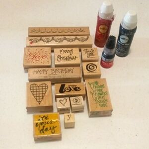 🪵🔏🌀14 Name Brand Stamps Wood Mounted Stamps Crafting w/red & black ink